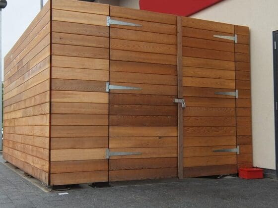 UK manufactured hardwood timber commercial bin store solution