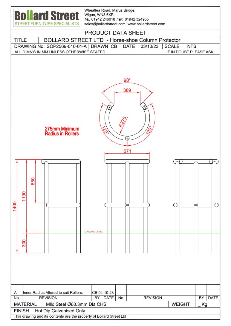 Example of a data sheet for a horseshoe column protector.