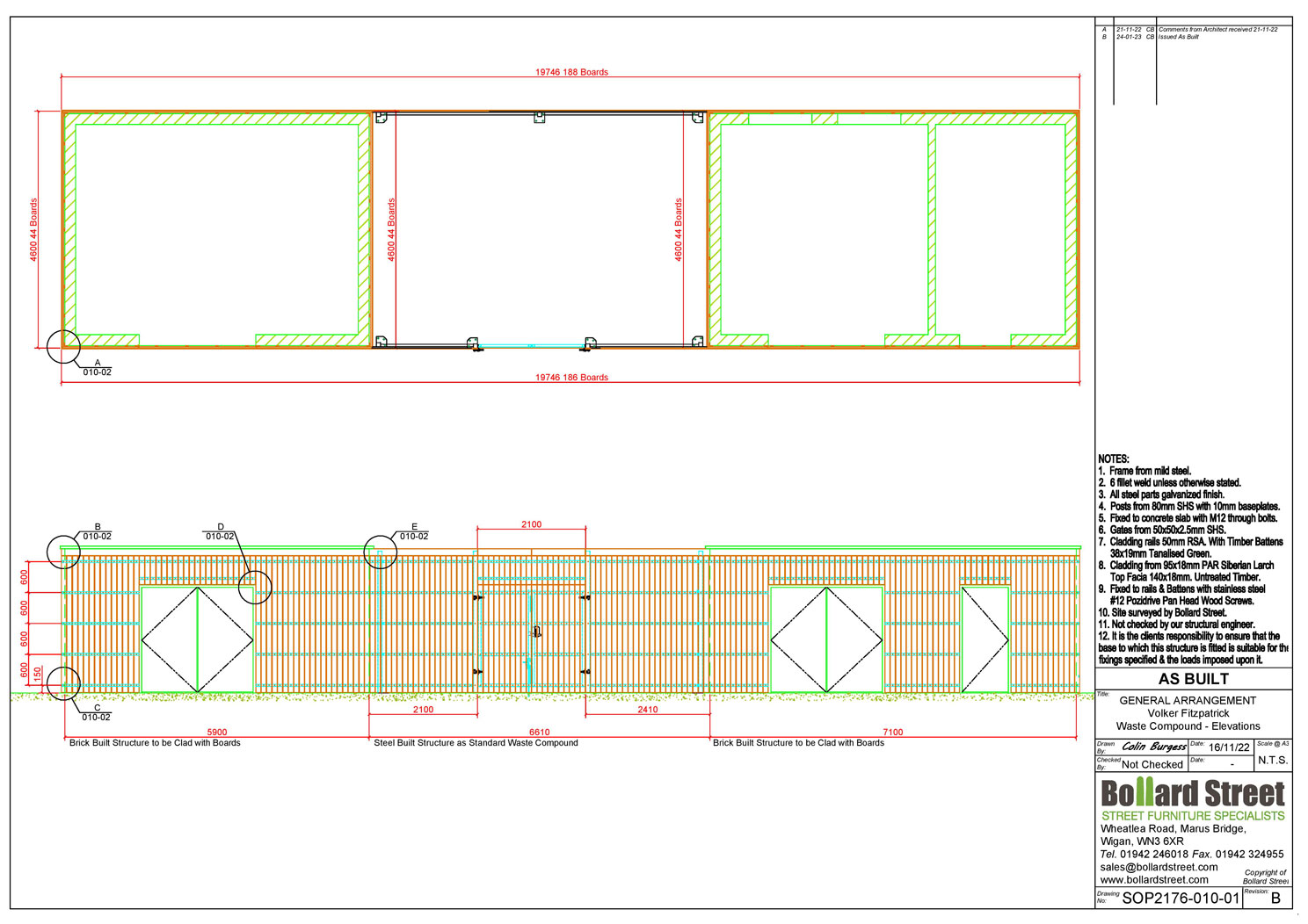 Drawing and notes related to a bespoke bin store project